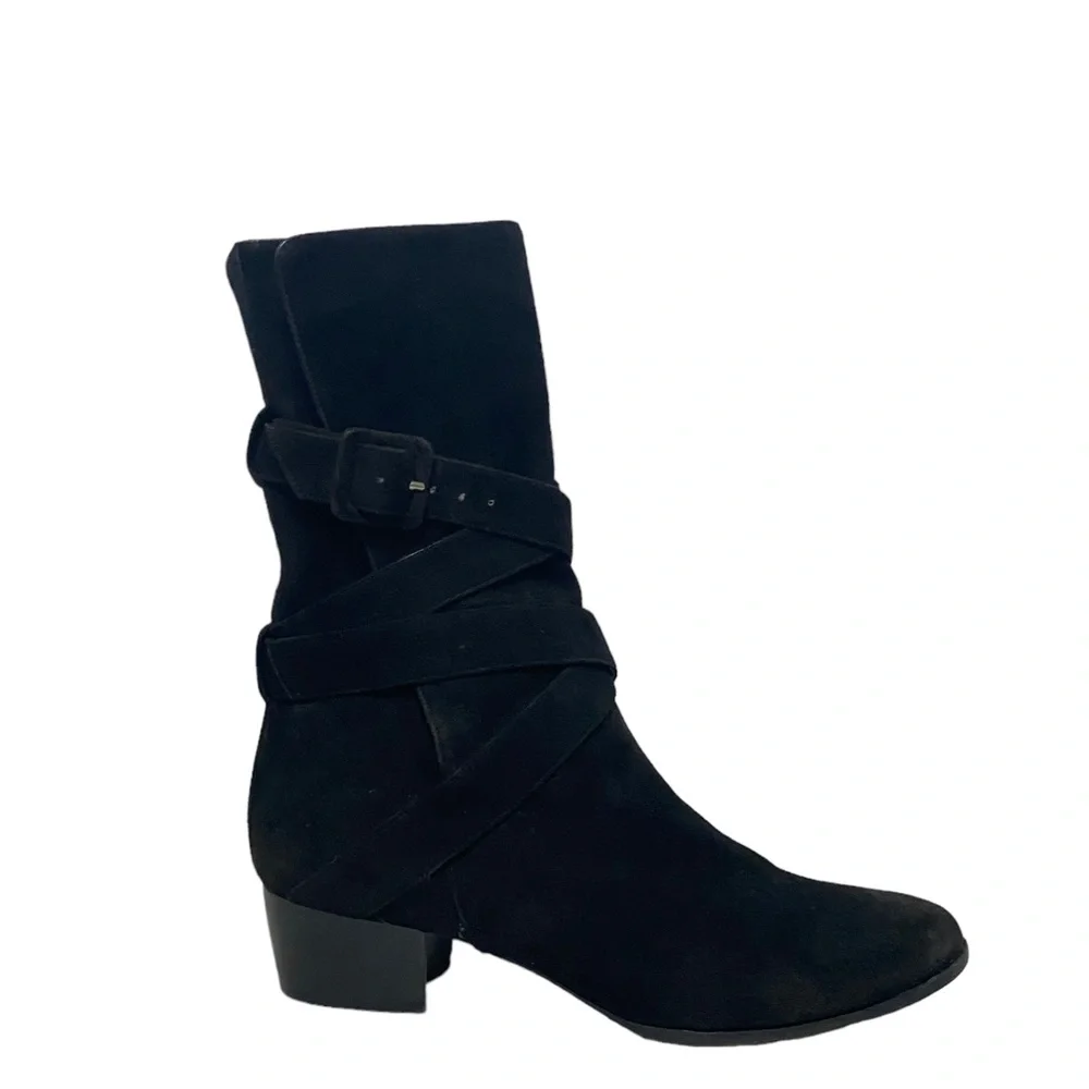 YSL Yves Saint Laurent Suede Fall Fold‎ Down Strappy Buckle Black Ankle Boots - Picture 4 of 11